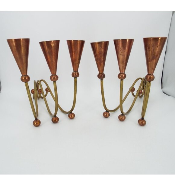 Pair of Vintage MCM 3-Arm Brass and Copper Modernist Candelabras - Picture 4 of 16